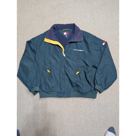 Vintage Tommy Hilfiger Windbreaker Jacket Large Green Yellow Fleece - Picture 16 of 16